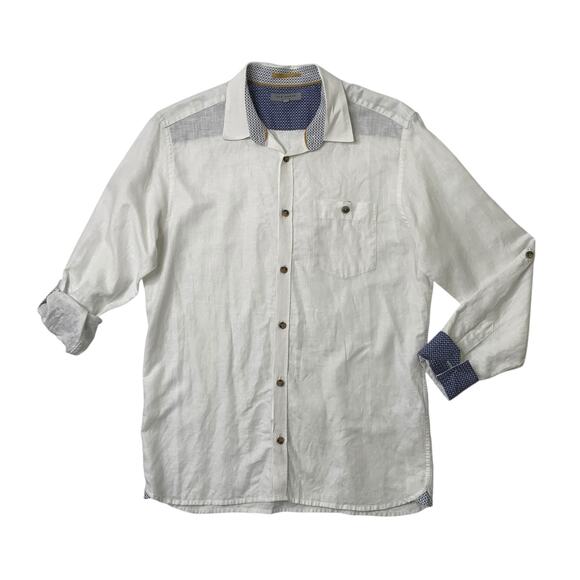 Ted Baker Shirt Mens 3 White Blue Linen Blend Flip Cuff Tab Sleeve Button Up - Picture 1 of 13
